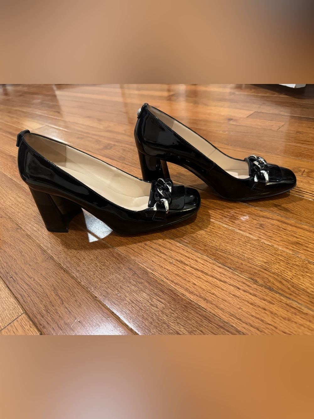 Nero Giardini Patent Leather Black Chain-Trim Block Heel Pumps